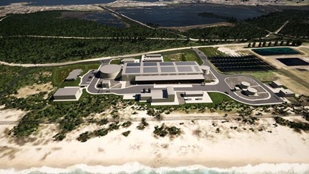 Image of an aerial drone shot of the coastline showing an artist impression of a desalination plant