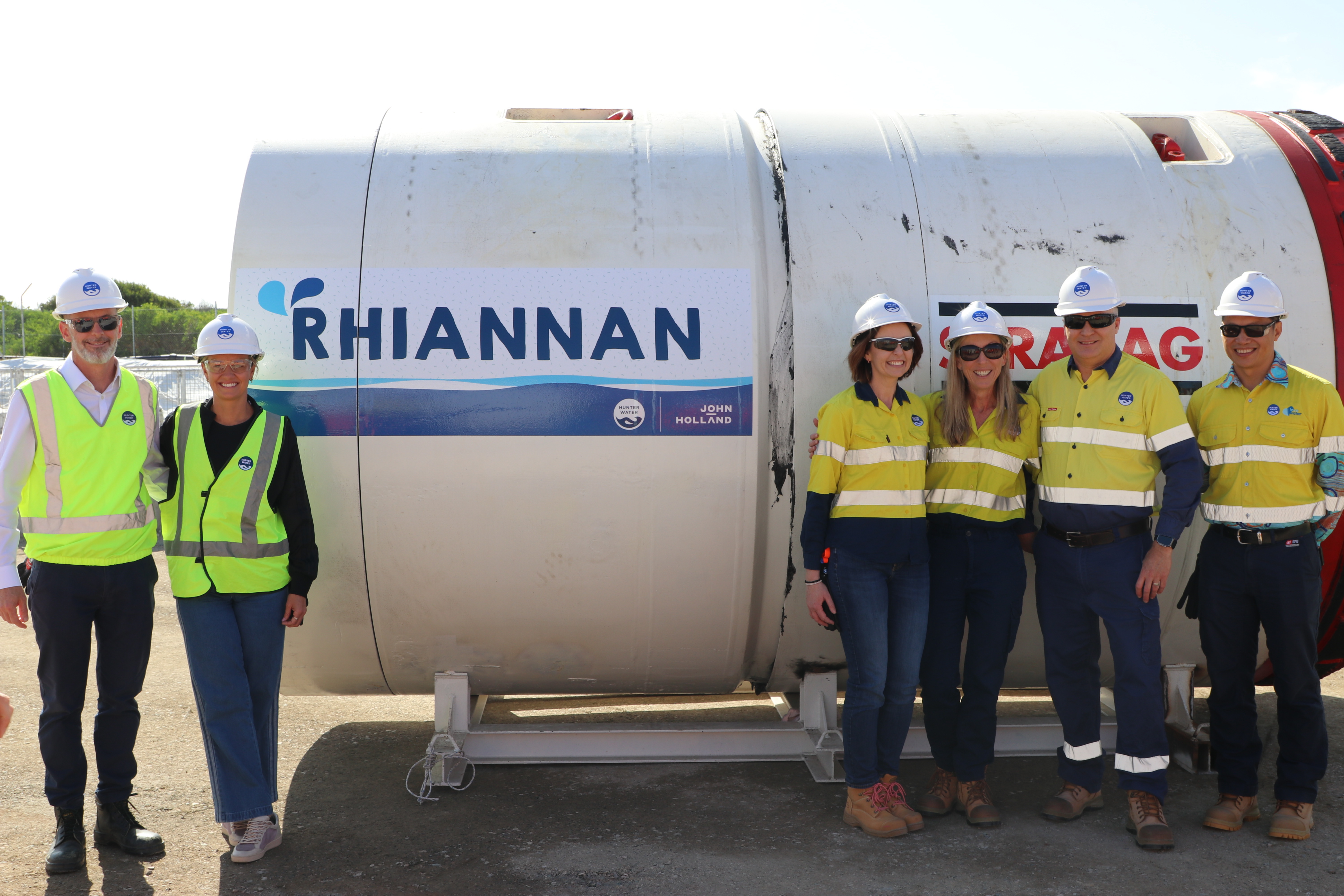From (L–R) Hunter Water MD Darren Cleary; Rhiannan Iffland; and HW Executive Team members Laura Hails, Jennifer Hayes, Glen Robinson, and Senior Project Manager Tommy Zhang