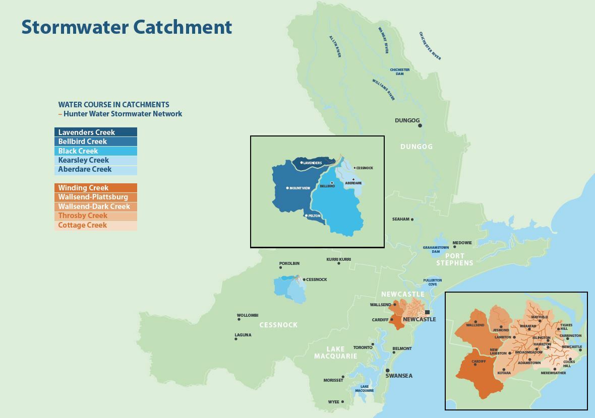 illustration in colour of Hunter Water's stormwater catchment network