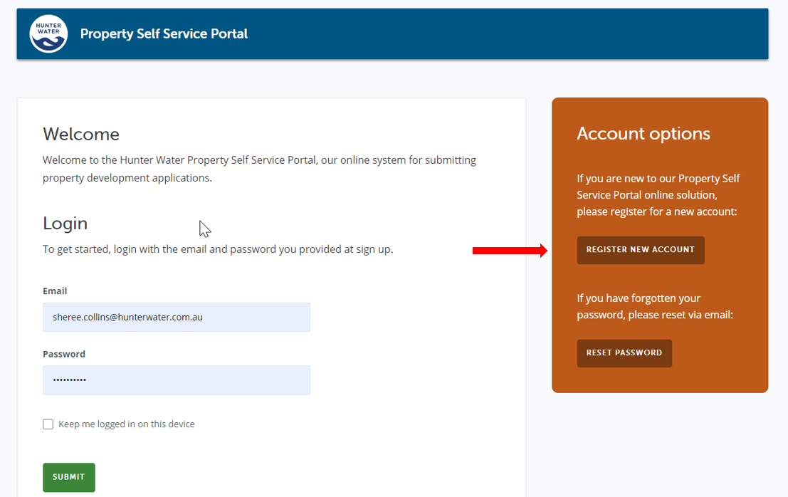 Registration screen showing an arrow to the button on the right hand side to register
