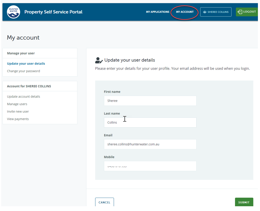 My account screen showing account details