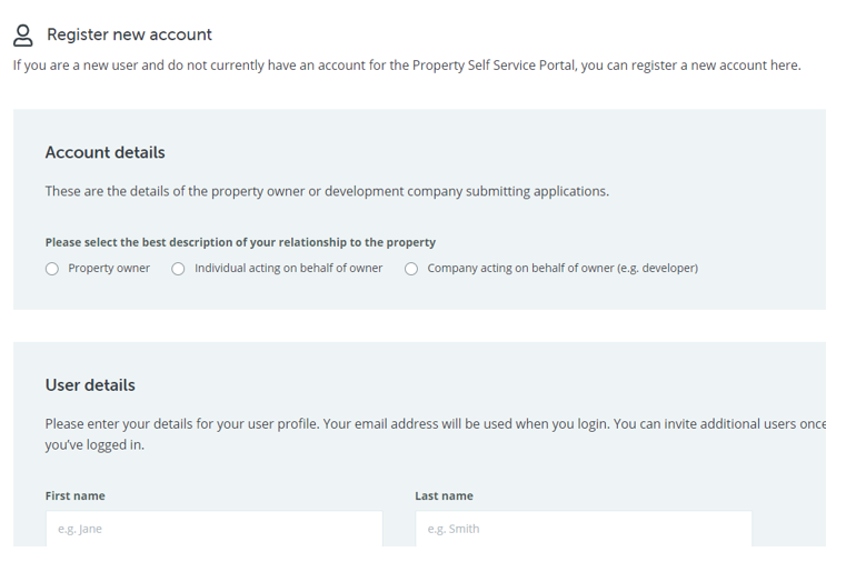New user registration screen