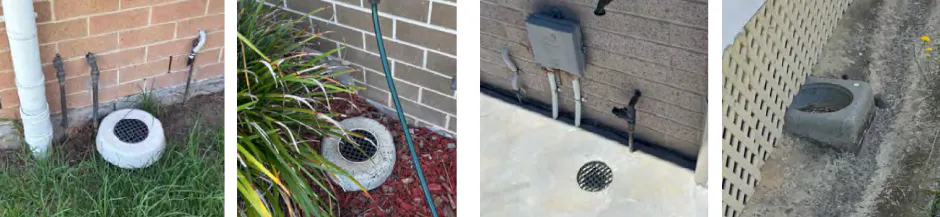 four separate images of a hole in the ground, covered by a grate, surrounded in concrete. Often with a tap above.