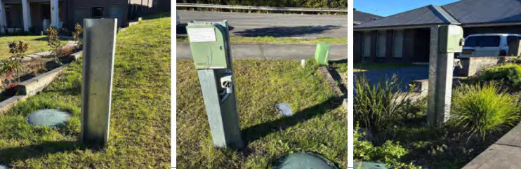 three images a one metre vertical pole coming out of the ground with a pressure sewer boundary kit attached
